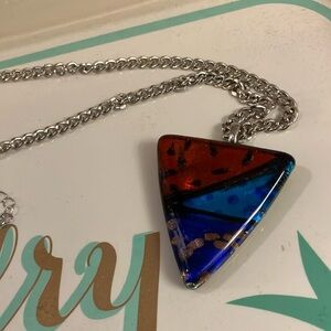 Unique Glass Triangular Pendant Necklace With 18” Silver Tone Linked Chain